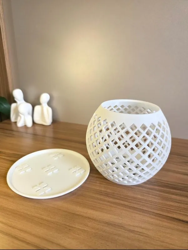 Vaso Decorativo Vazado com Prato em Impressão 3D para Suculentas e Cactos