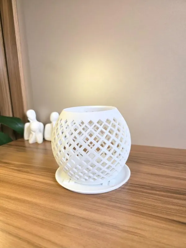 Vaso Decorativo Vazado com Prato em Impressão 3D para Suculentas e Cactos