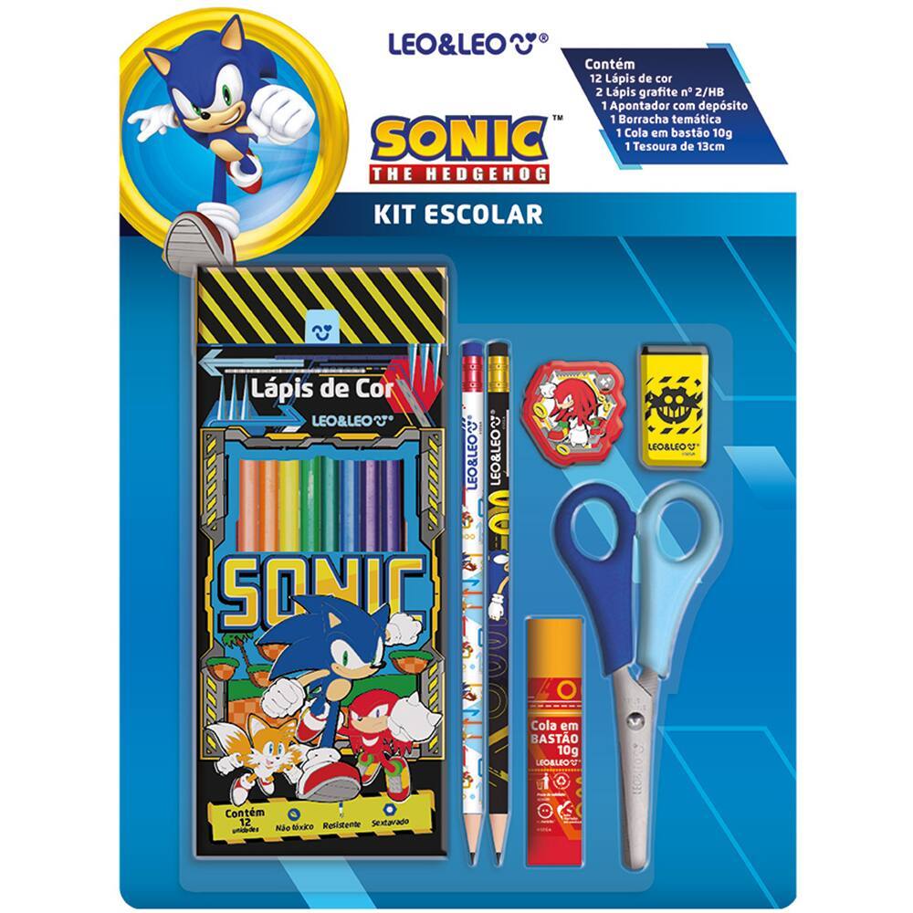 Kit Escolar Sonic Completo Infantil — Lápis de Cor, Tesoura, Cola, Apontador e Borracha | Material Escolar Sonic