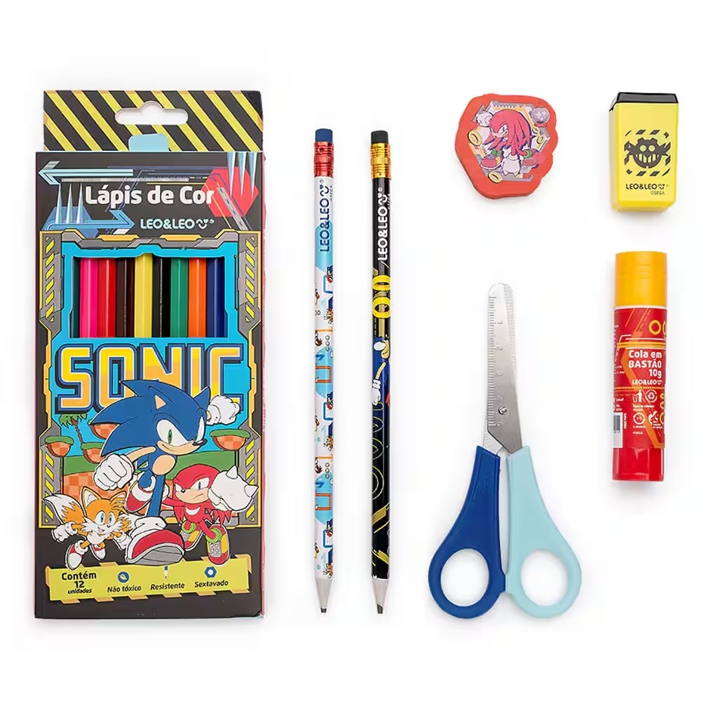 Kit Escolar Sonic Completo com Lápis de Cor Tesoura Cola Apontador e Borracha
