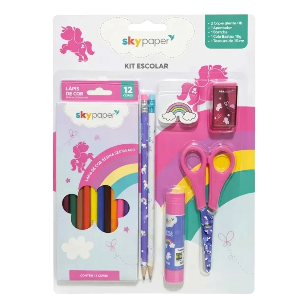 Kit Escolar Infantil Skypaper 7 Itens — Lápis de Cor 12 Cores + Tesoura + Cola + Acessórios | Material Escolar Completo