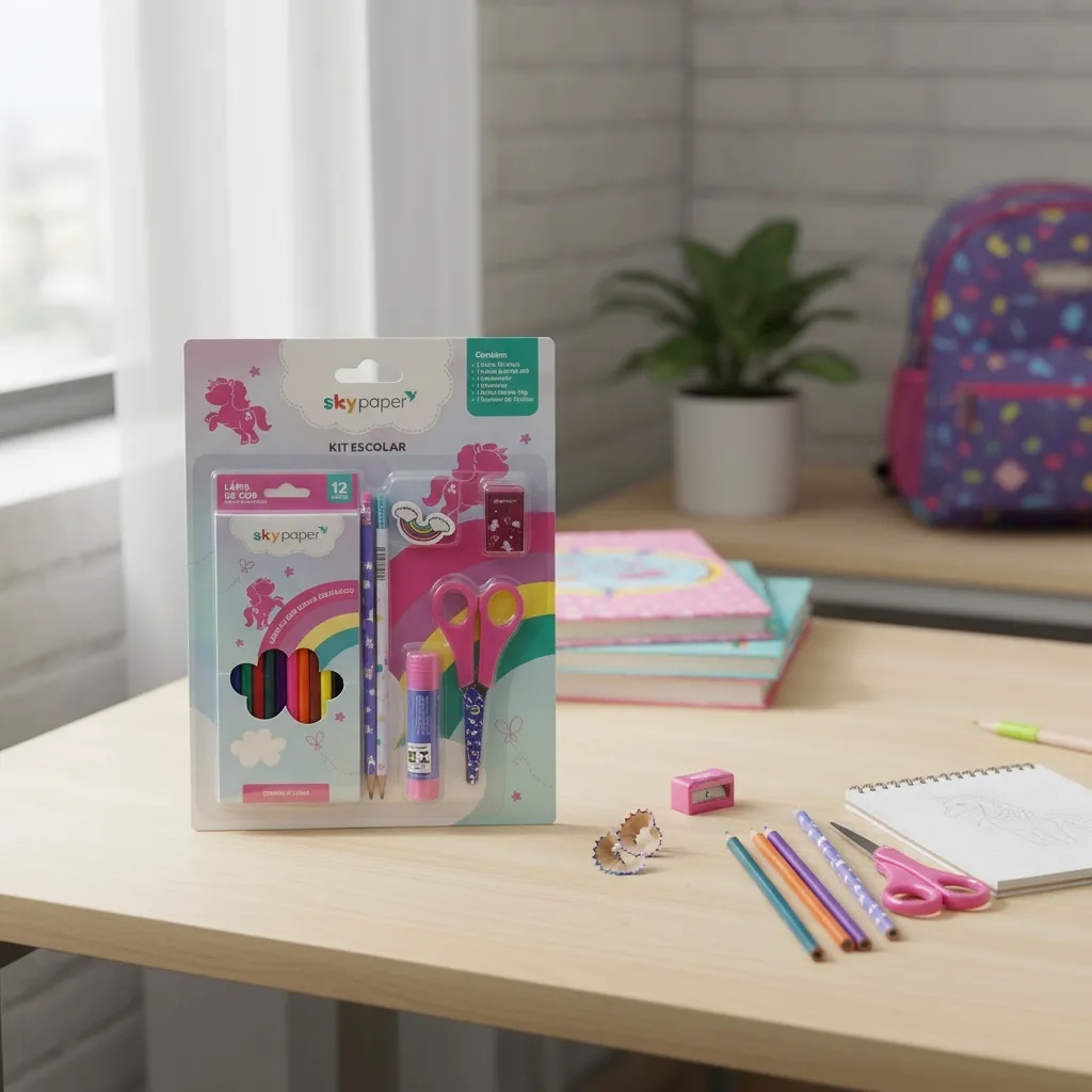 Kit Escolar Infantil Skypaper 7 Itens — Lápis de Cor 12 Cores + Tesoura + Cola + Acessórios | Material Escolar Completo