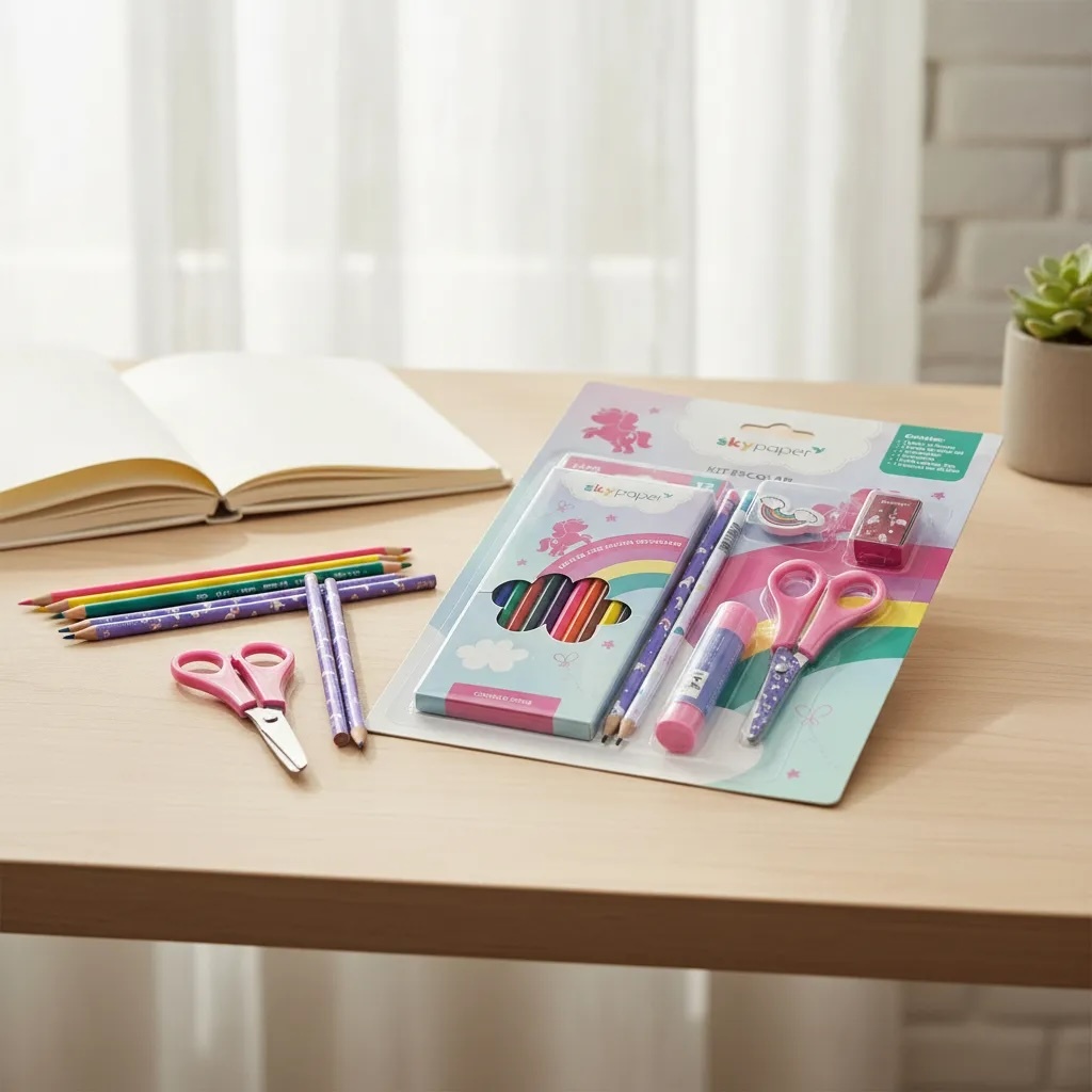 Kit Escolar Infantil Skypaper 7 Itens — Lápis de Cor 12 Cores + Tesoura + Cola + Acessórios | Material Escolar Completo