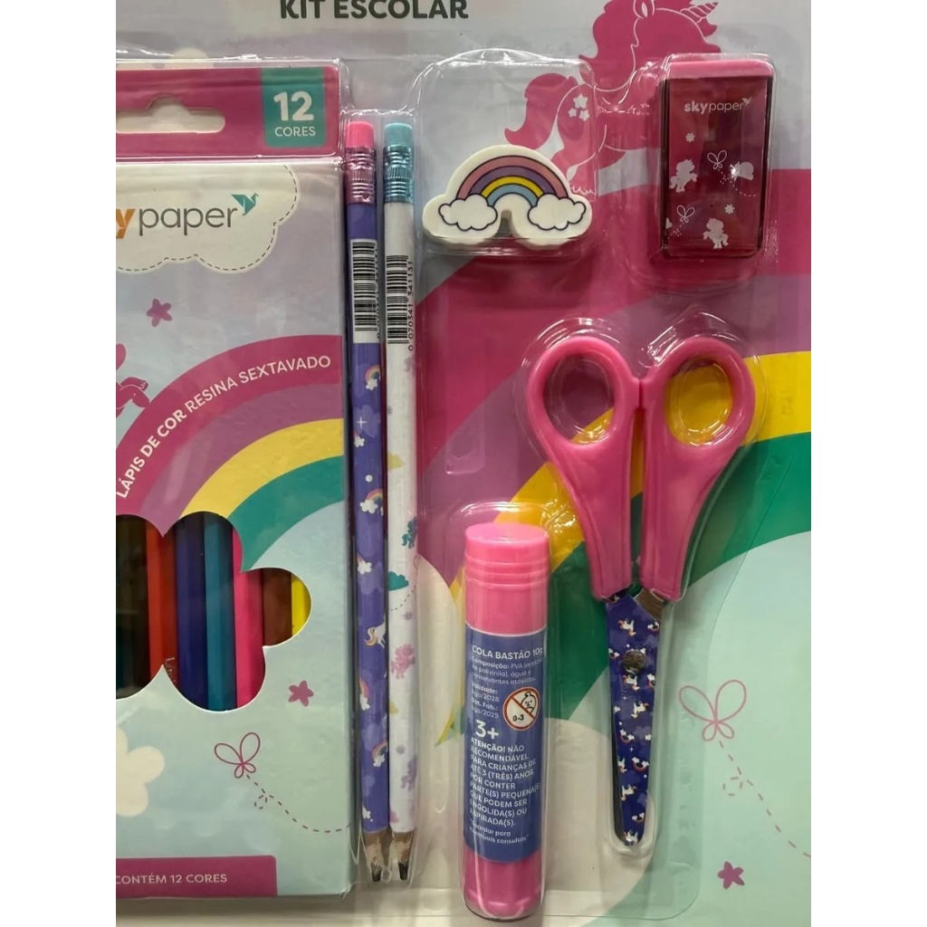 Kit Escolar Infantil Skypaper 7 Itens — Lápis de Cor 12 Cores + Tesoura + Cola + Acessórios | Material Escolar Completo
