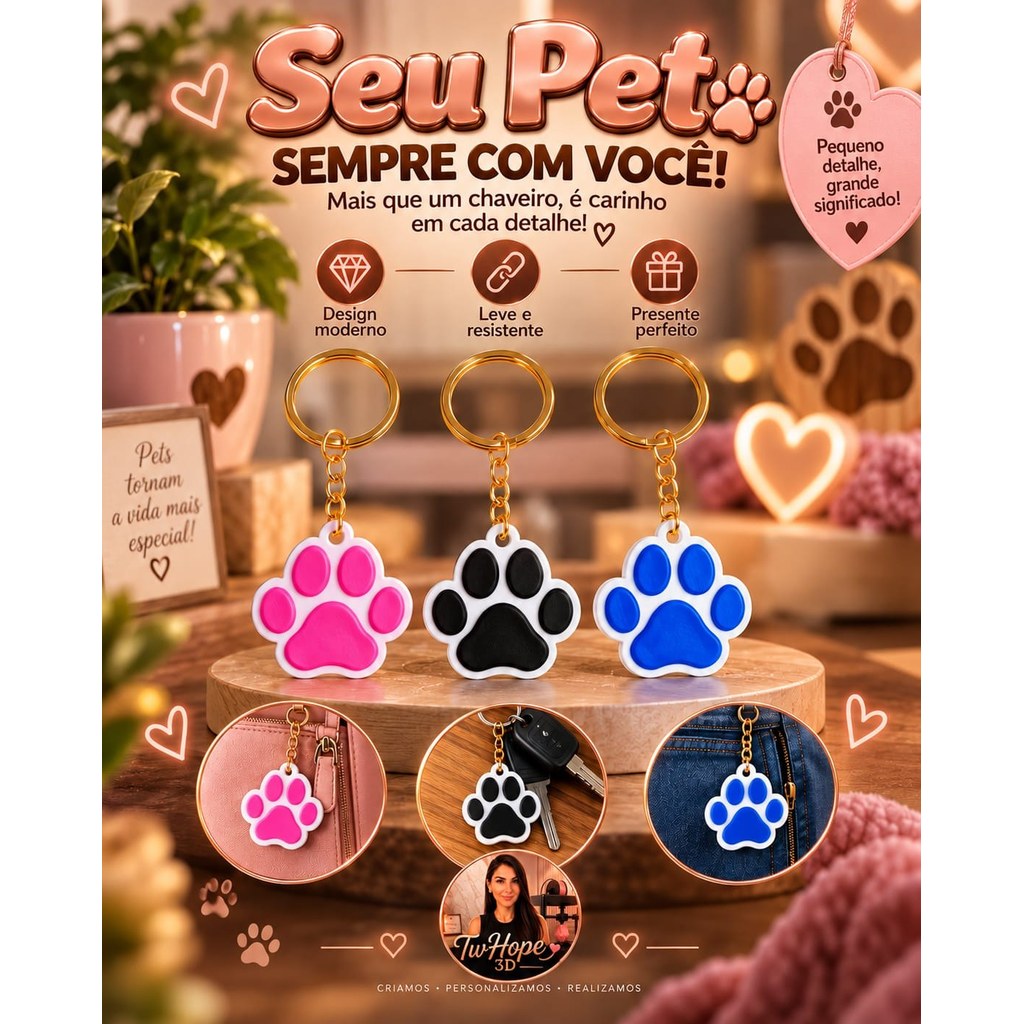 Chaveiro Patinha Pet em Impressão 3D Colorido com Argola Dourada para Chaves e Bolsas