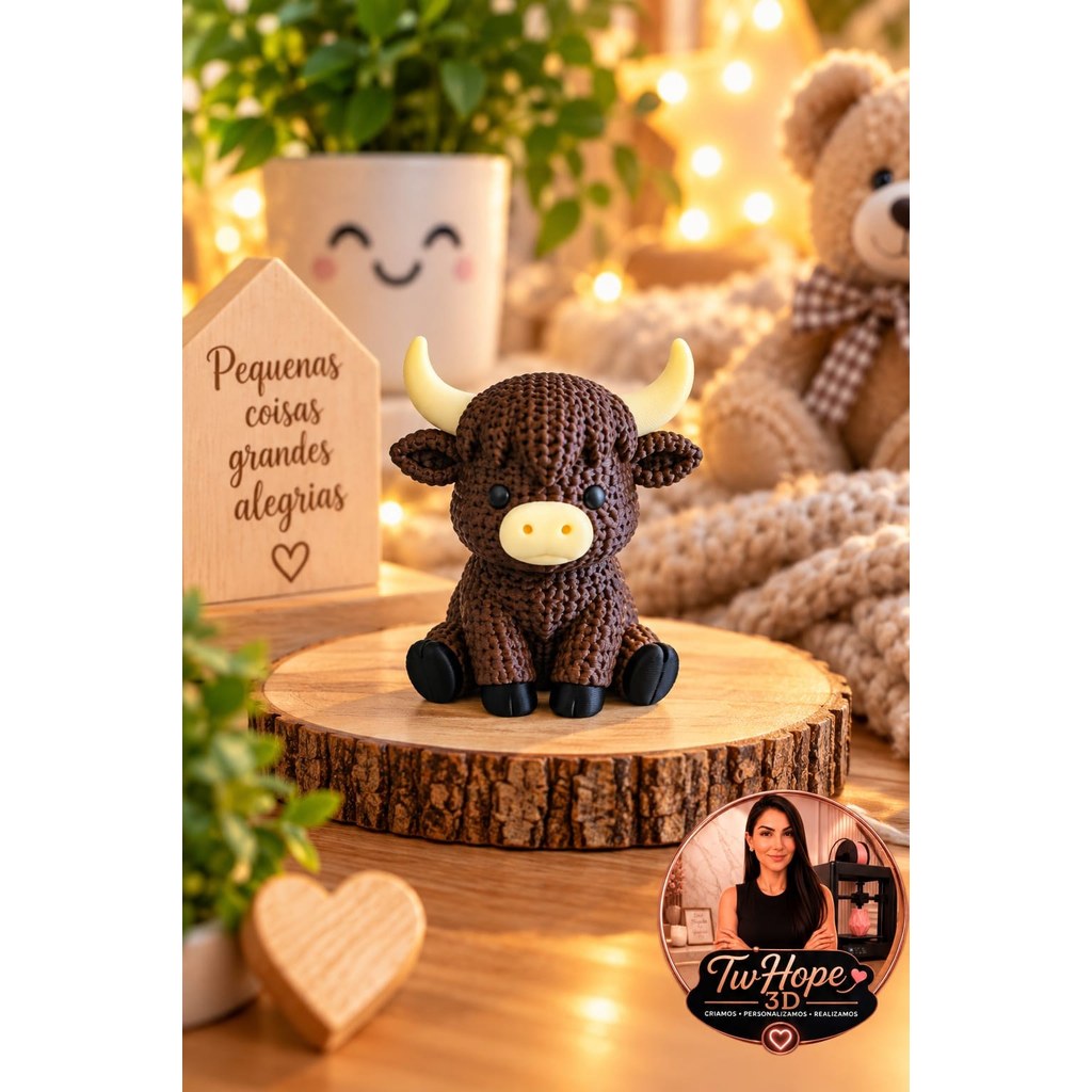 Estatueta Vaquinha Highland Fofa em Impressão 3D para Decoração de Quarto Infantil