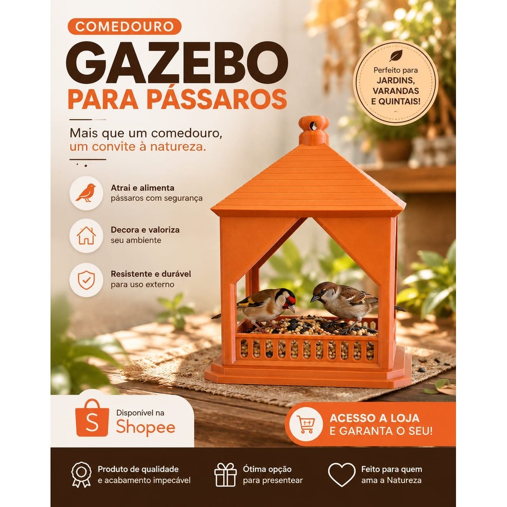 Comedouro Gazebo para Pássaros Decorativo Jardim Varanda Quintal Design Moderno 3D