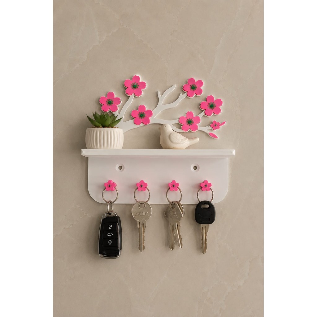 Porta Chaves de Parede com Prateleira e Galho de Flores Decorativo Moderno e Elegante