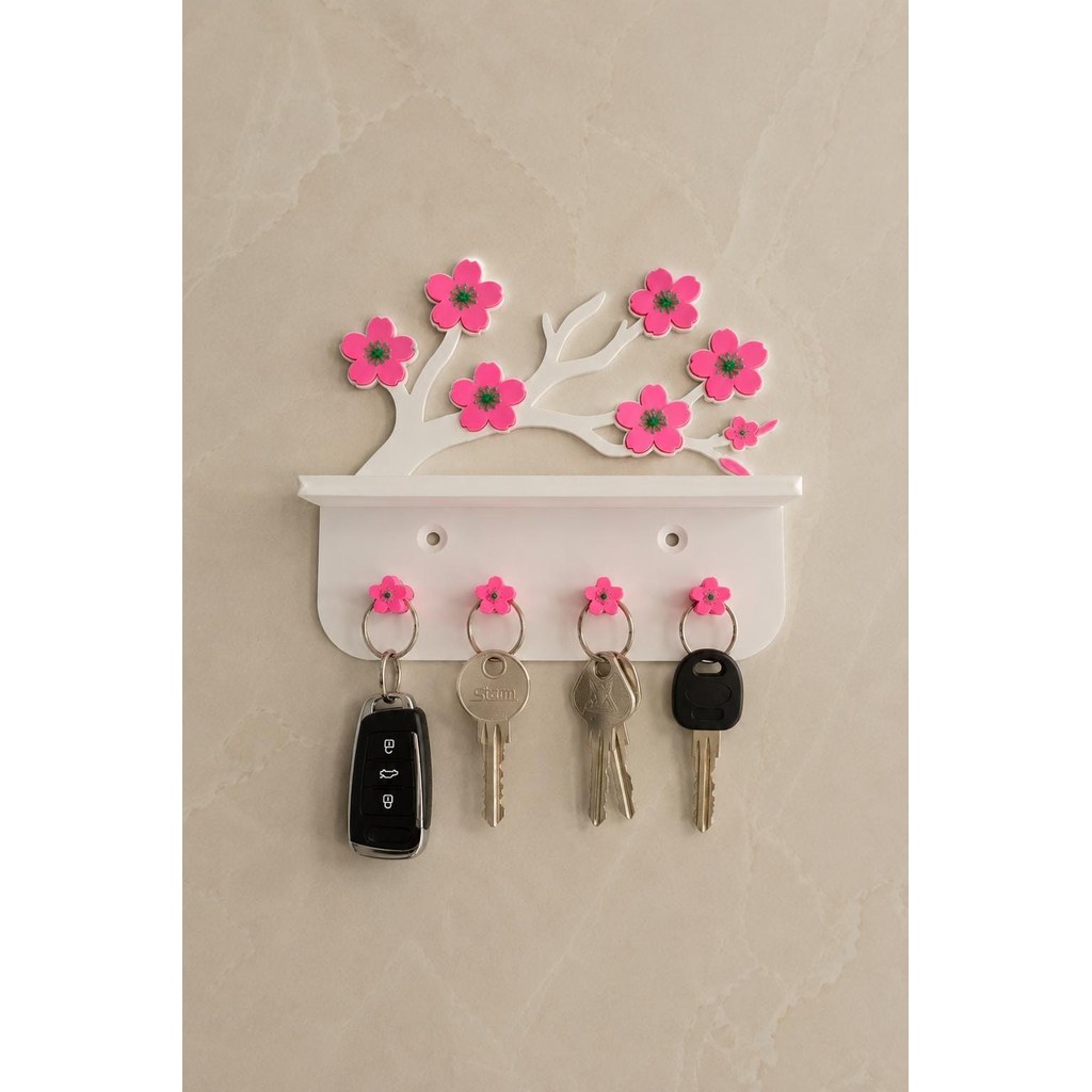 Porta Chaves de Parede com Prateleira e Galho de Flores Decorativo Moderno e Elegante