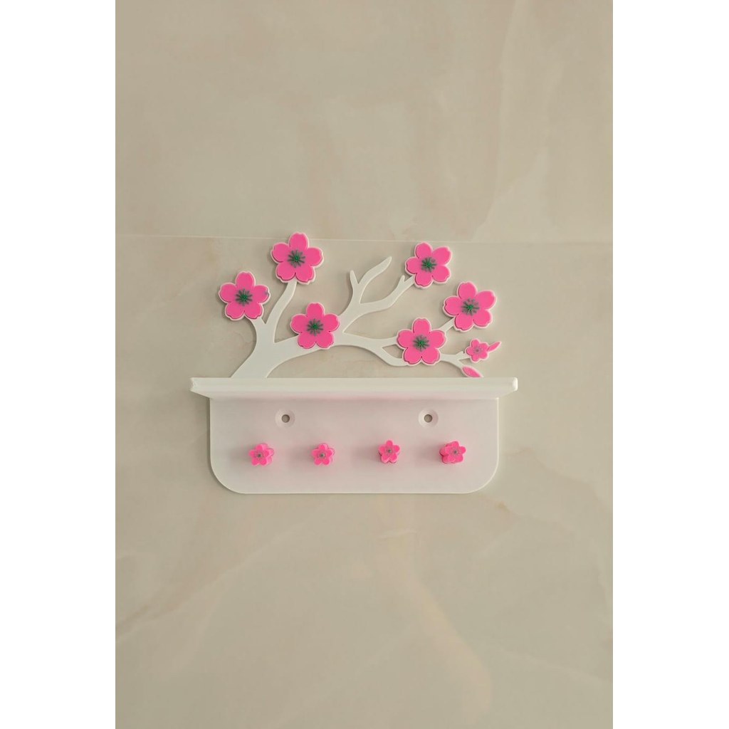 Porta Chaves de Parede com Prateleira e Galho de Flores Decorativo Moderno e Elegante
