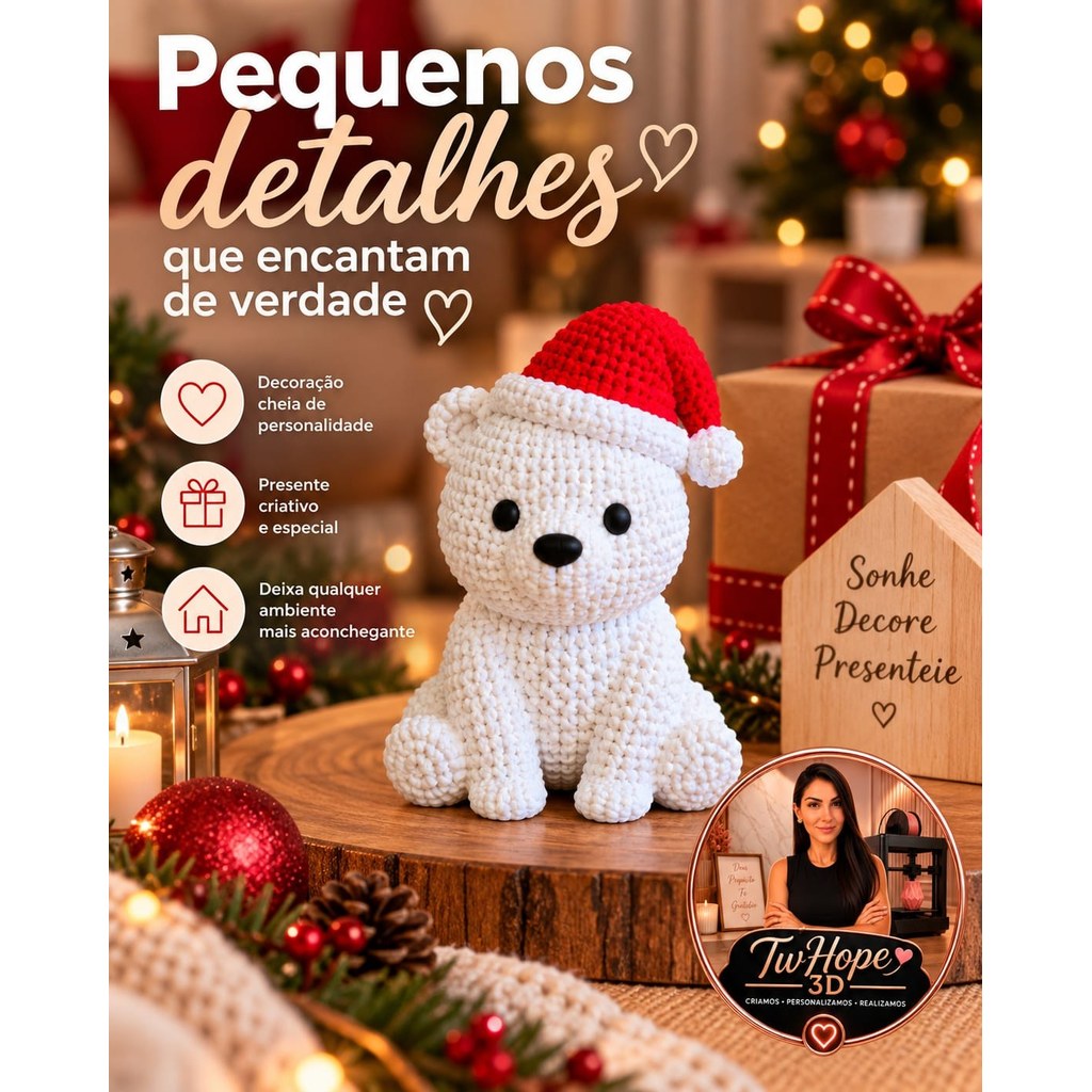 Estatueta Decorativa Urso Polar Natalino Textura Tricotada em Impressão 3D para Mesa3,90