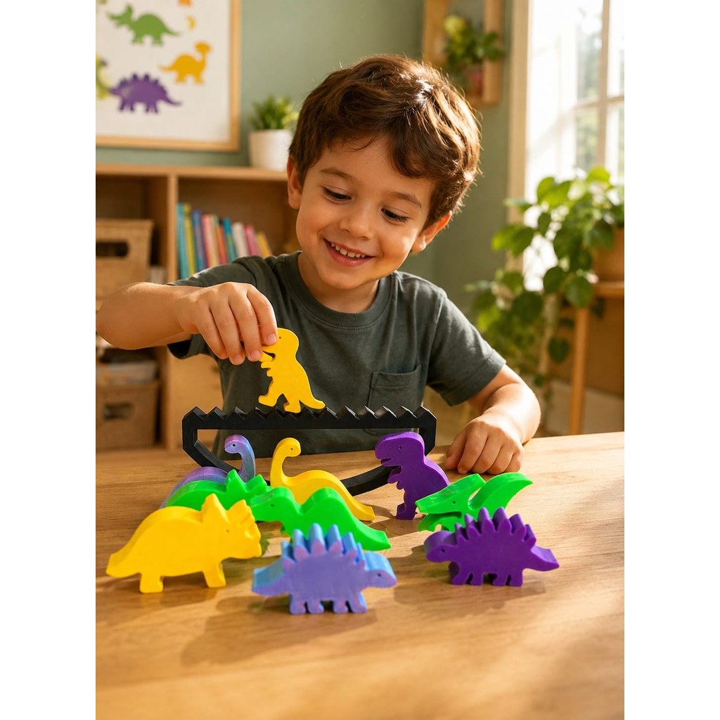 Jogo de Equilíbrio Dinossauros Coloridos Brinquedo Educativo Infantil Impressão 3D