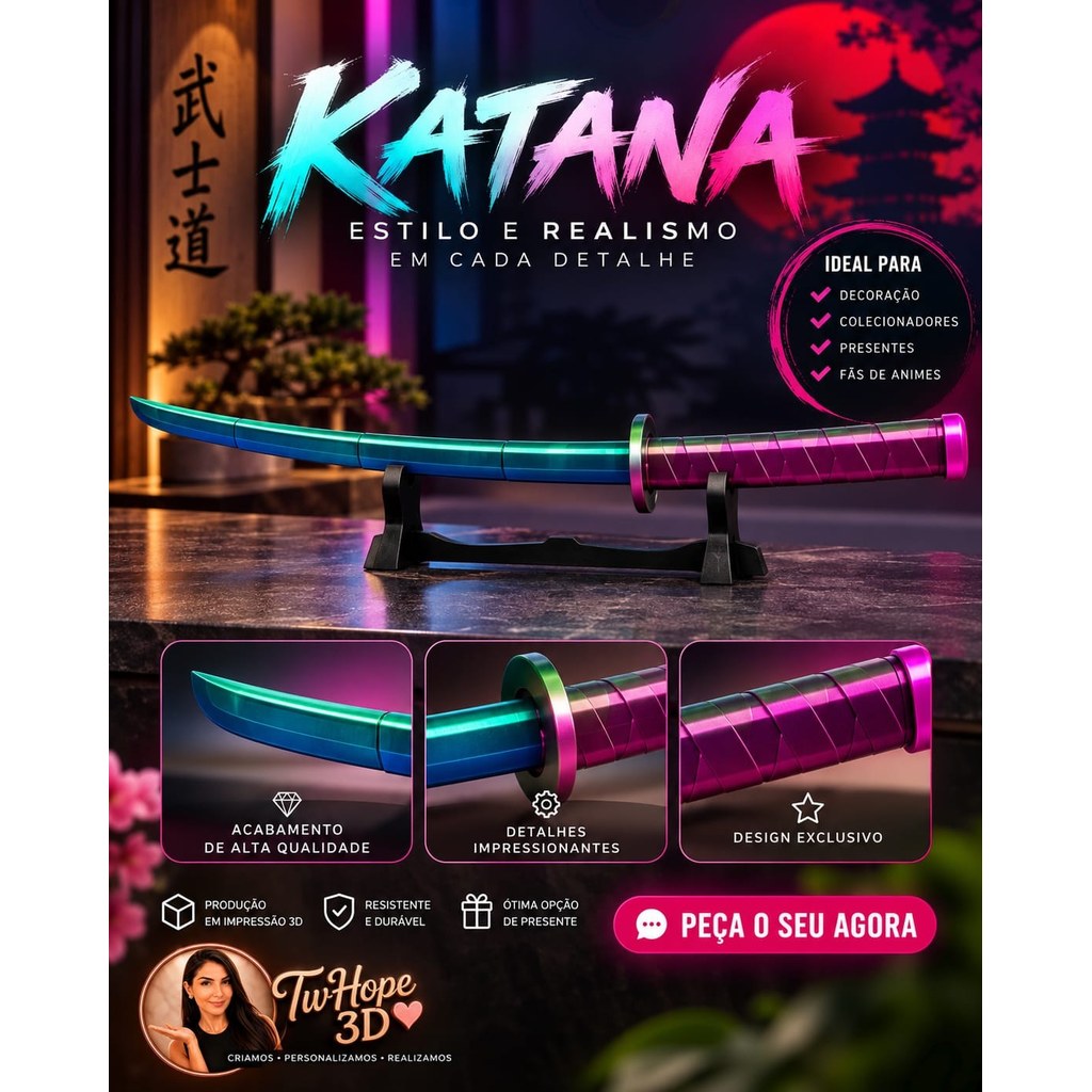 Katana Retrátil Articulada com Lâmina Extensível em Impressão 3D para Cosplay e Coleção