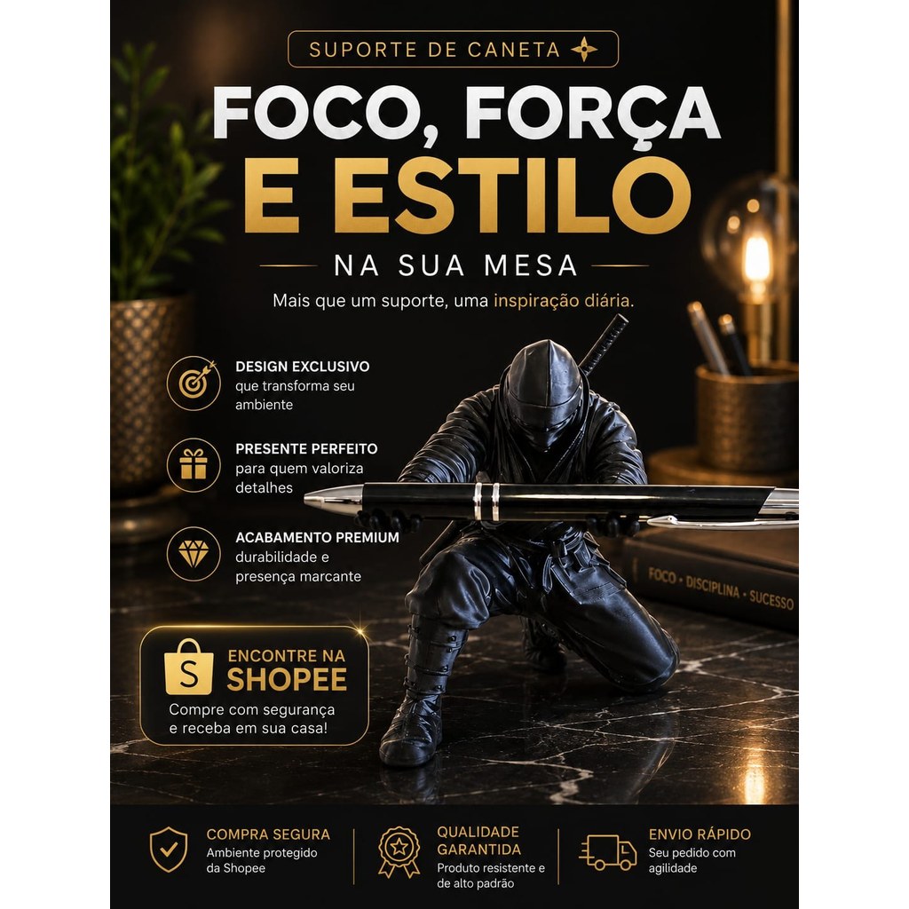 Suporte de Caneta Ninja Samurai Estatueta Decorativa Mesa Escritório Design Exclusivo