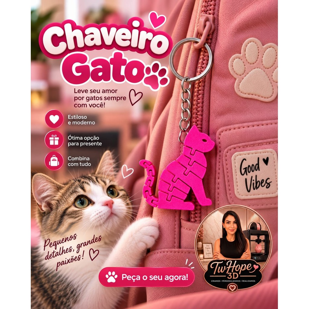 Chaveiro Gato Articulado em Impressão 3D Design Criativo para Apaixonados por Gatos