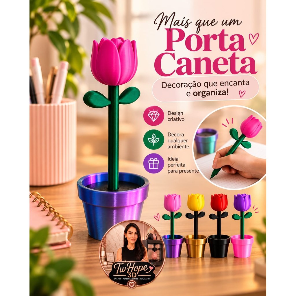 Caneta Flor Tulipa com Porta-Caneta Decorativo Design Criativo em Impressão 3D Elegante
