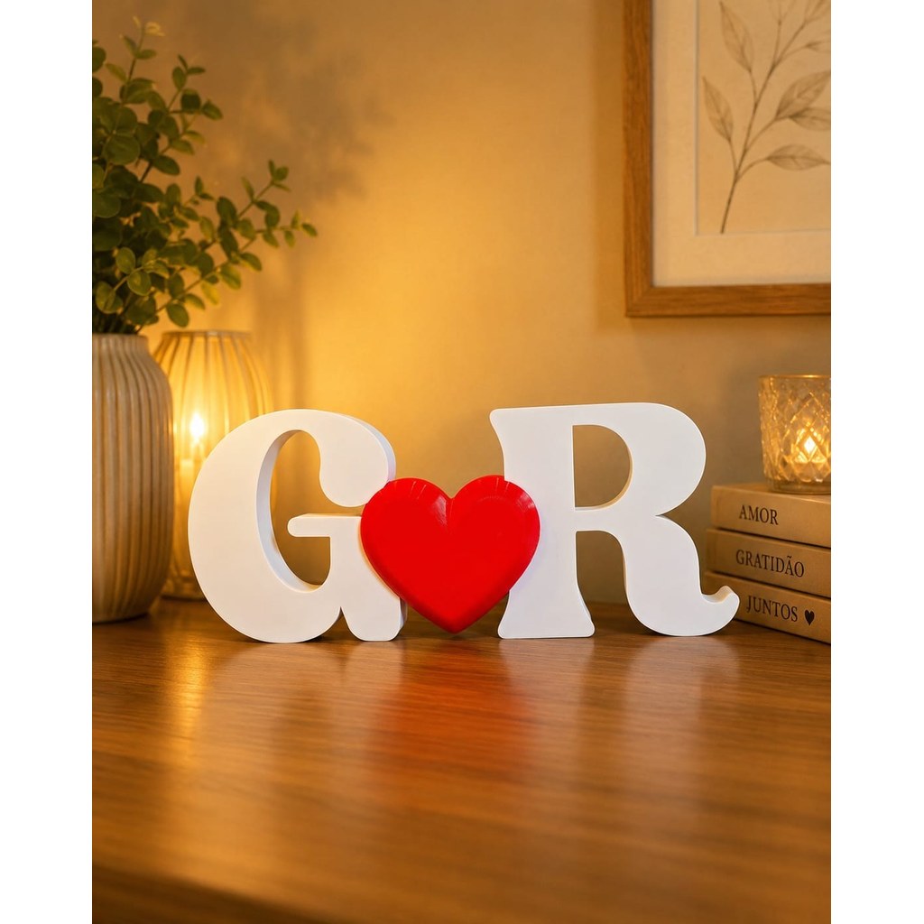Letras Decorativas Iniciais Personalizadas com Coração 3D Presente Romântico Namorados