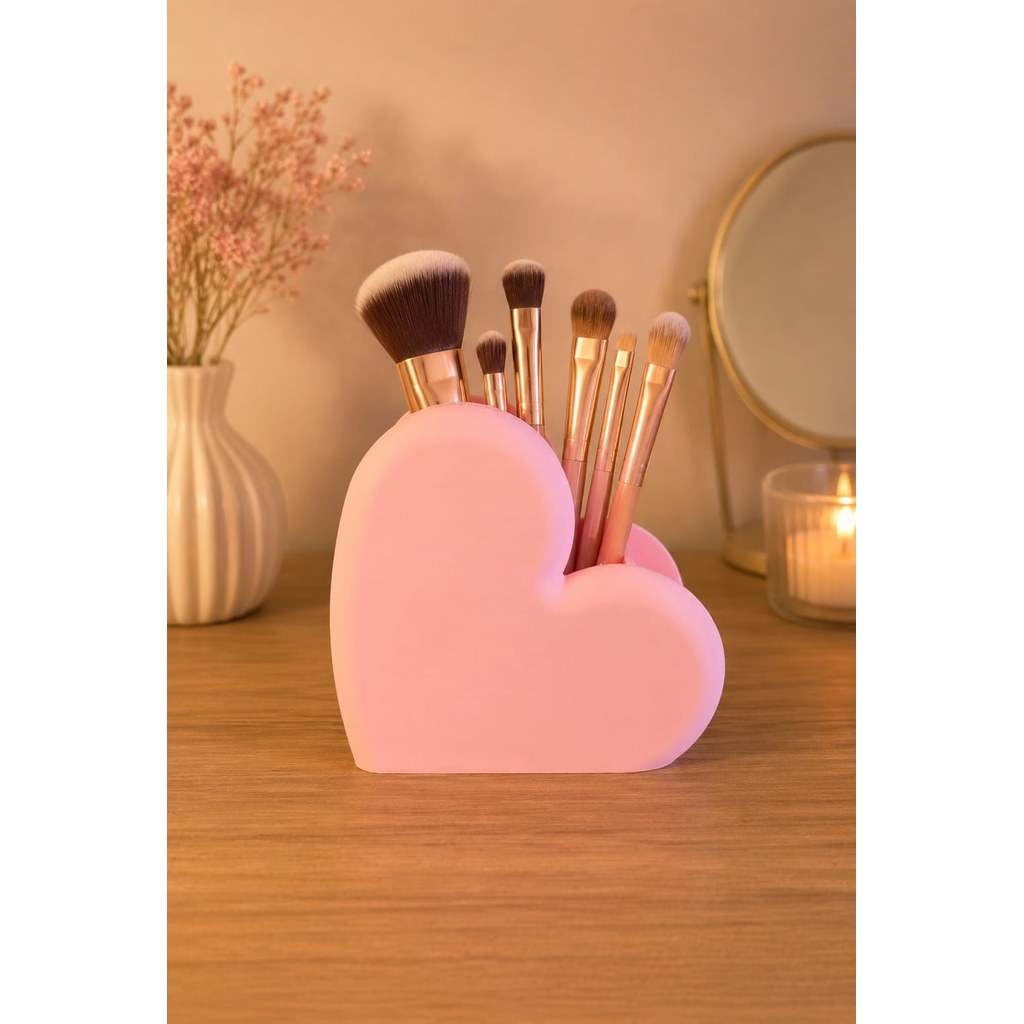 Organizador de Mesa Coração Rosa Porta Pincéis Canetas Maquiagem Escritório Decoração