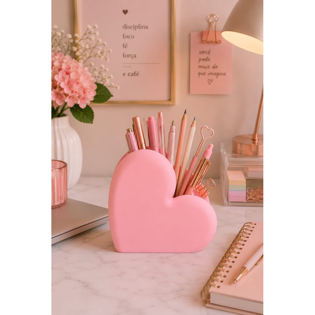 Organizador de Mesa Coração Rosa Porta Pincéis Canetas Maquiagem Escritório Decoração