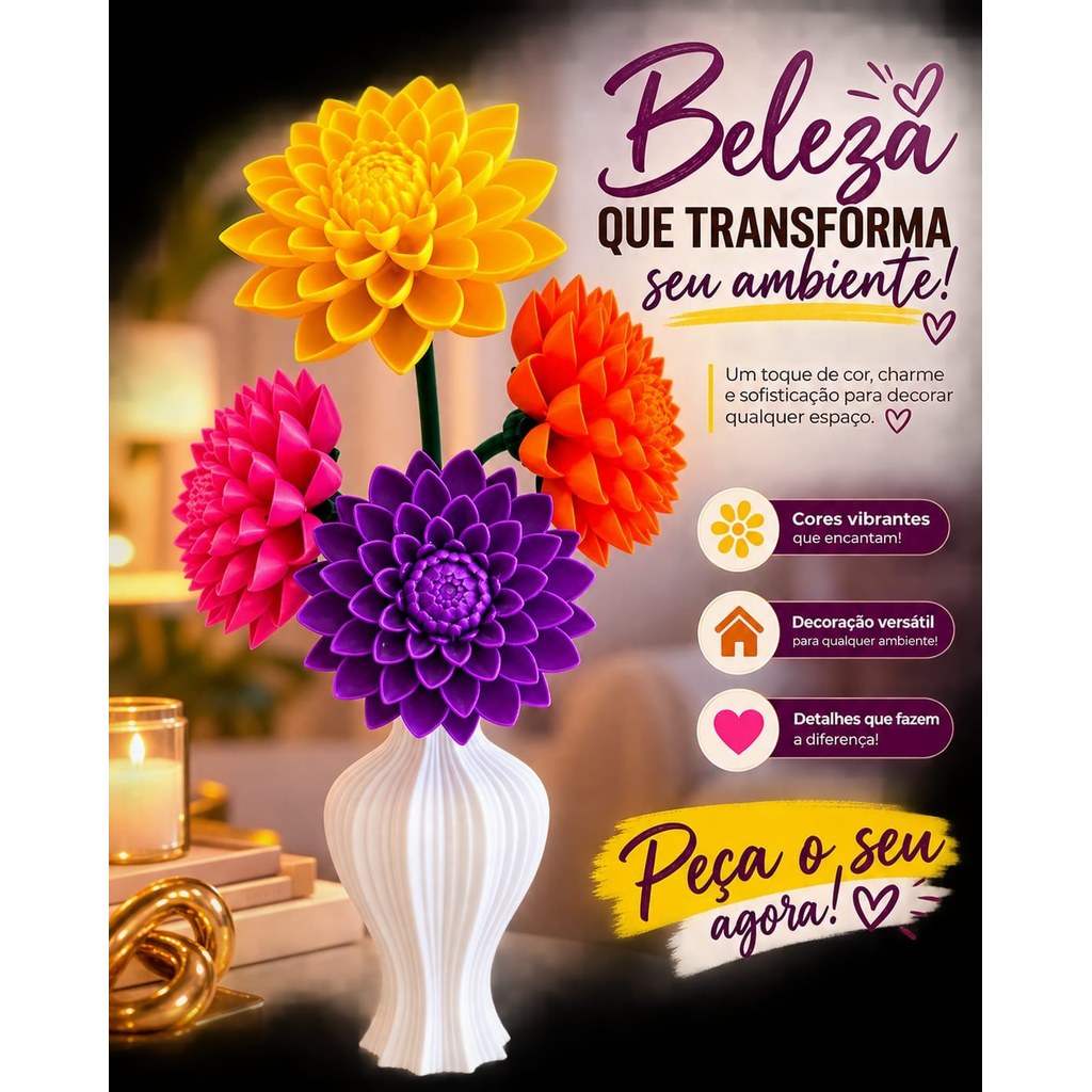 Vaso Decorativo com Flor Dália 3D Colorida – Enfeite Moderno para Casa Escritório e Presente