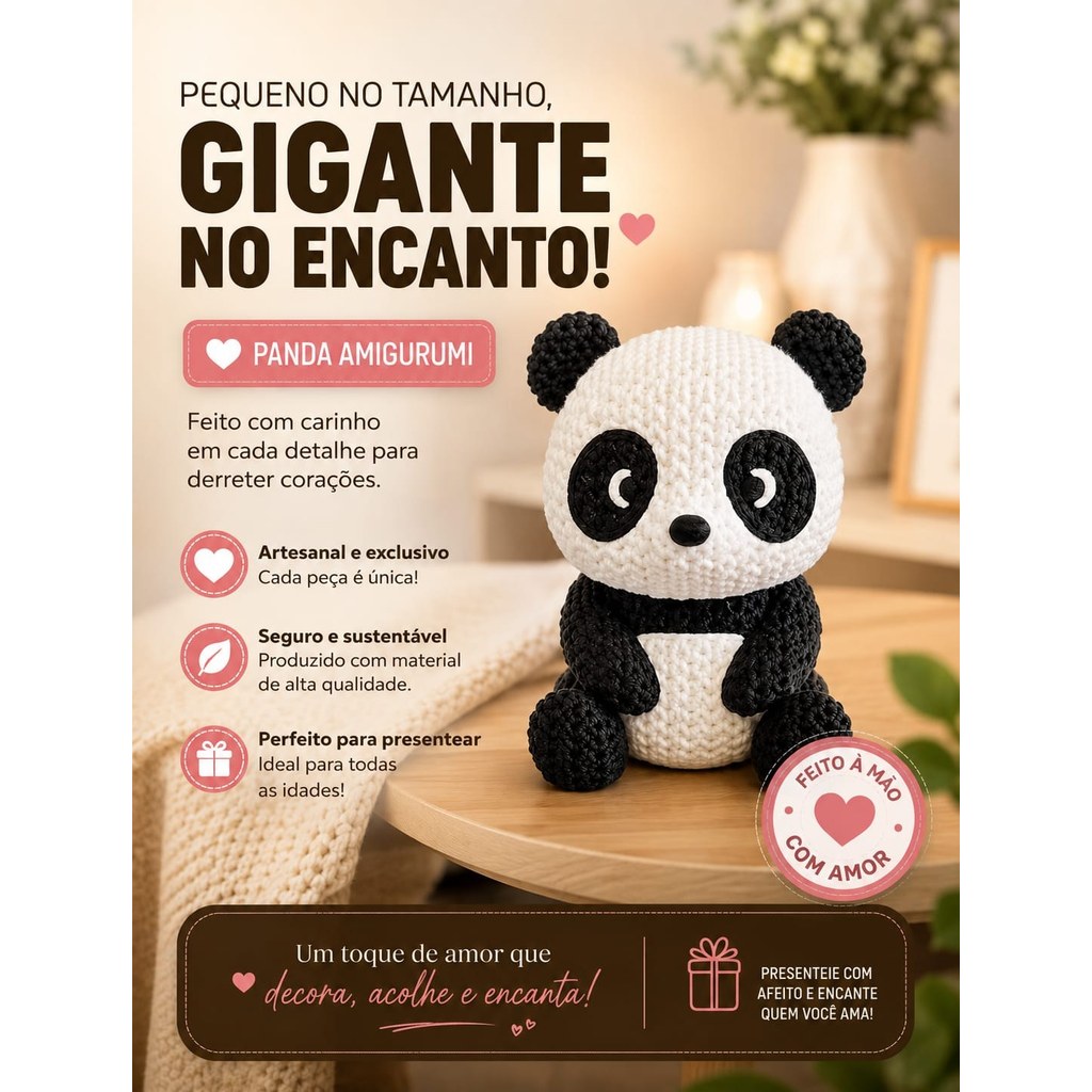 Panda Amigurumi Artesanal Decorativo Fofo, Feito em 3D Presente Criativo para Crianças