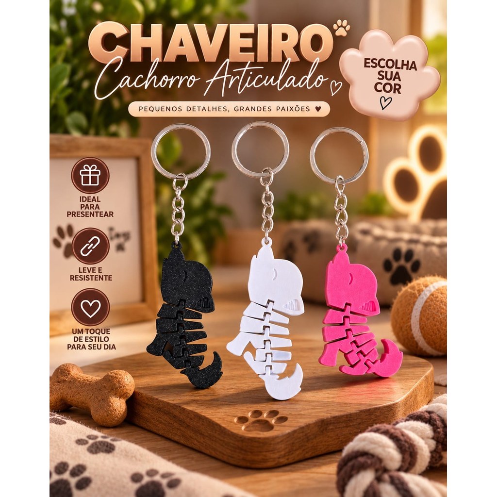 Chaveiro Gato Articulado em Impressão 3D Design Criativo para Mochila, Bolsas e Chaves