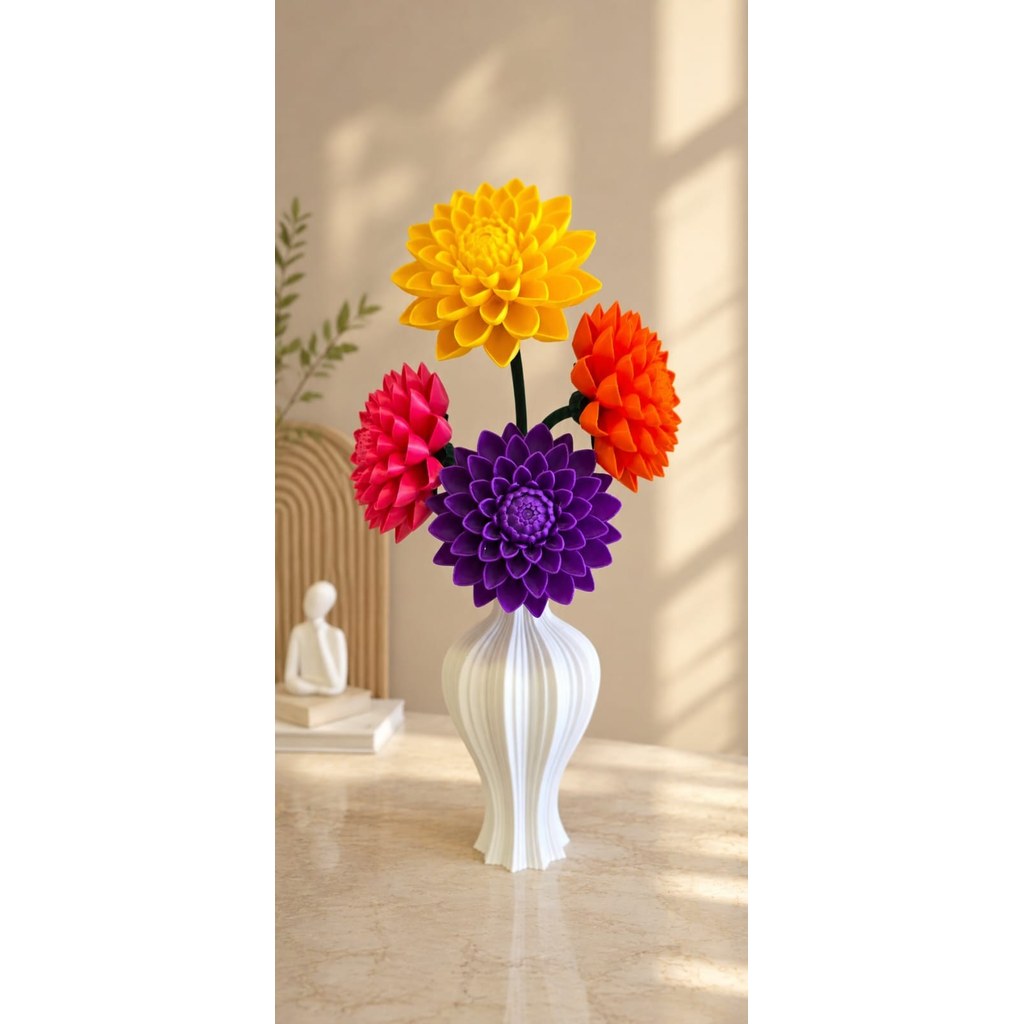 Vaso Decorativo com Flor Dália 3D – Escolha a Cor da Flor e do Vaso