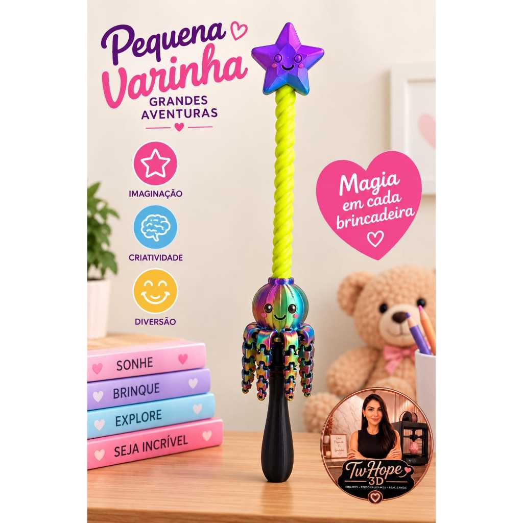 Varinha Giratória 3D com Polvo Articulado Estrela Brinquedo Sensorial Criativo