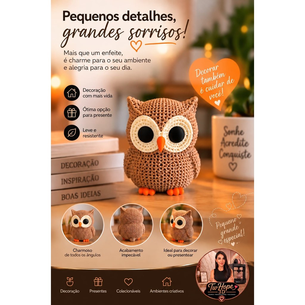 Estatueta Coruja Decorativa Texturizada em Impressão 3D Design Fofo para Quarto Infantil