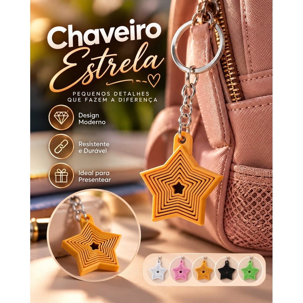 Chaveiro Sensorial Estrela Vazado em Camadas Design Moderno Colorido Feito em Impressão 3D