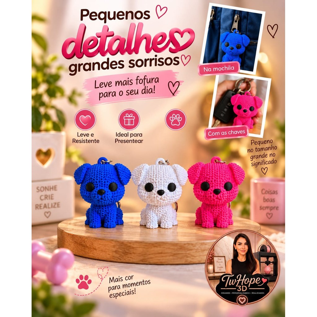 Chaveiro Cachorrinho Fofo Estilo Amigurumi Texturizado em Impressão 3D para Presentear