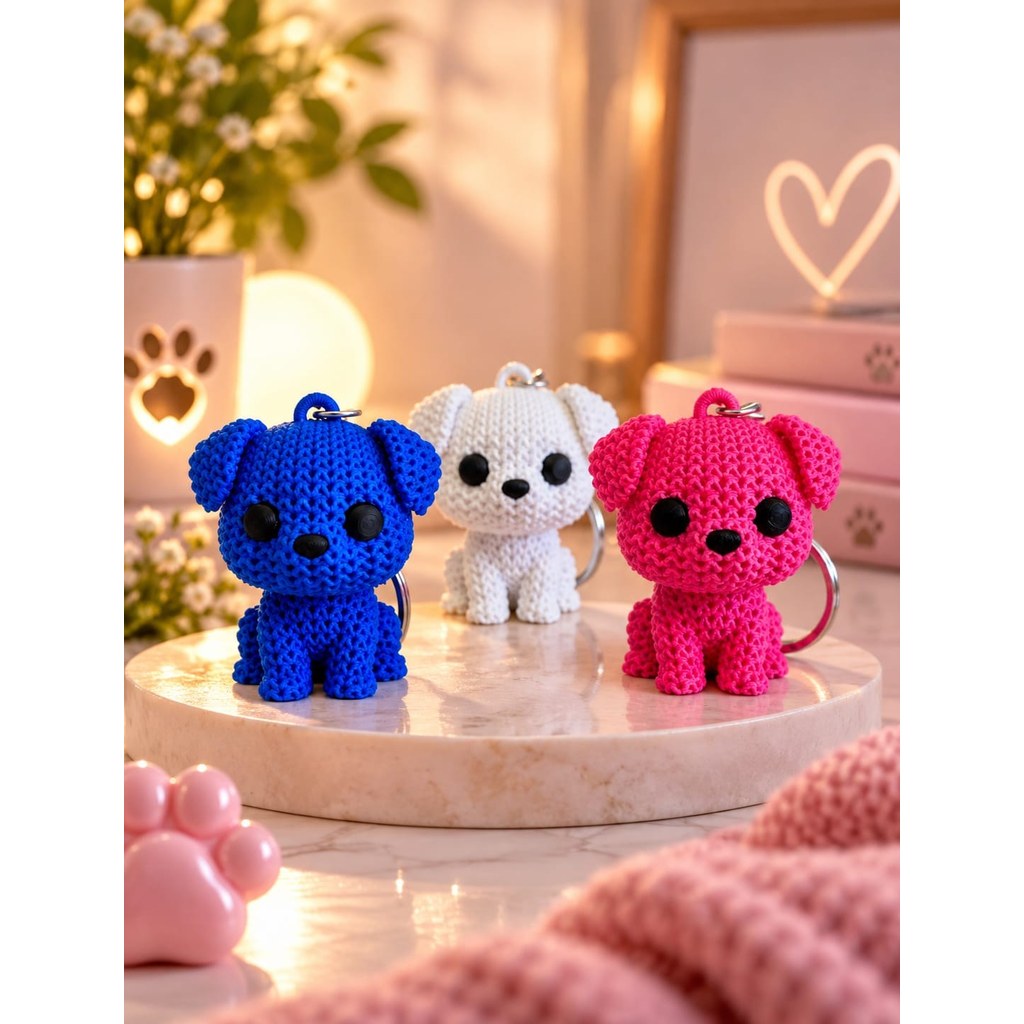 Chaveiro Cachorrinho Fofo Estilo Amigurumi Texturizado em Impressão 3D para Presentear