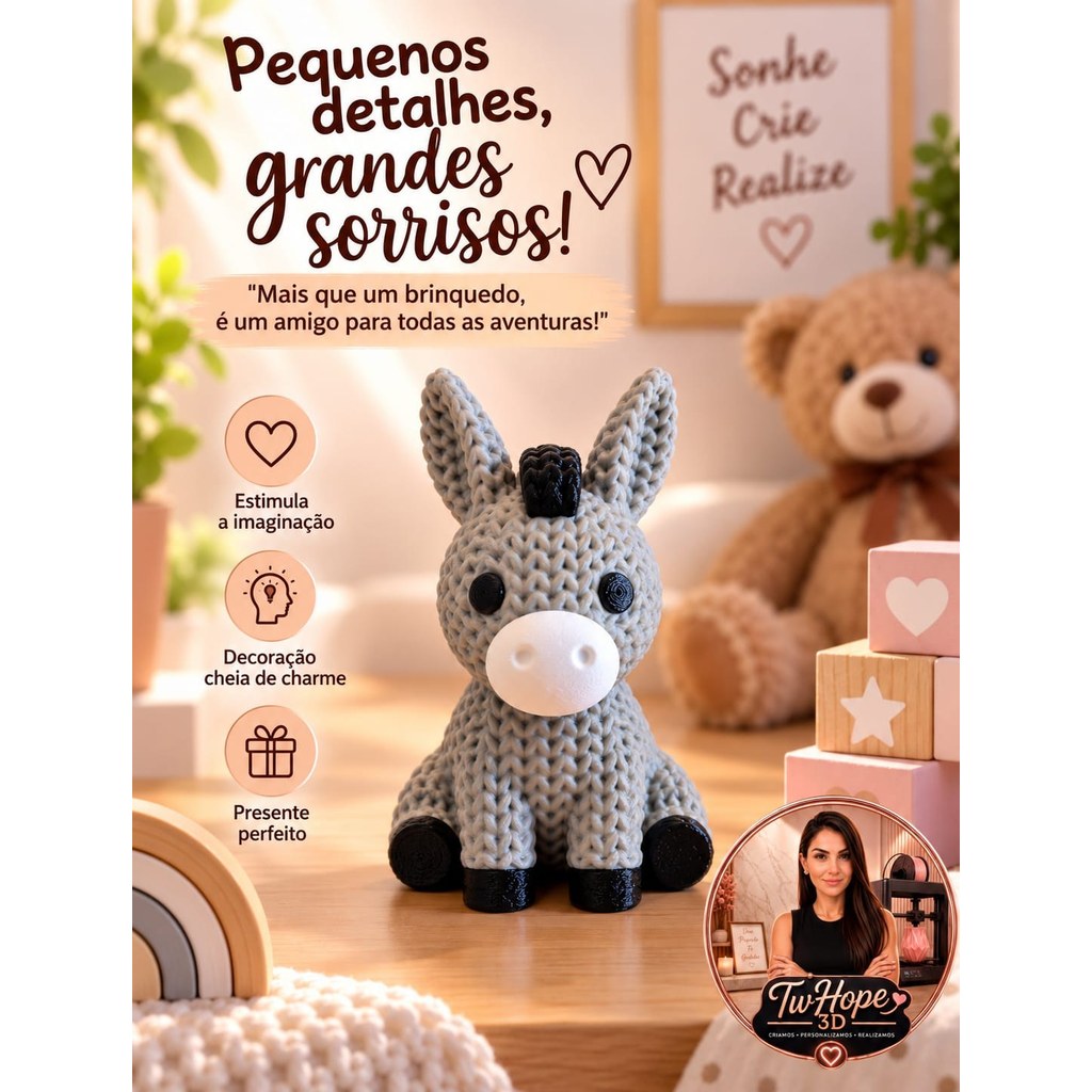 Burrinho Decorativo em Impressão 3D com Textura Trançada para Brincadeiras