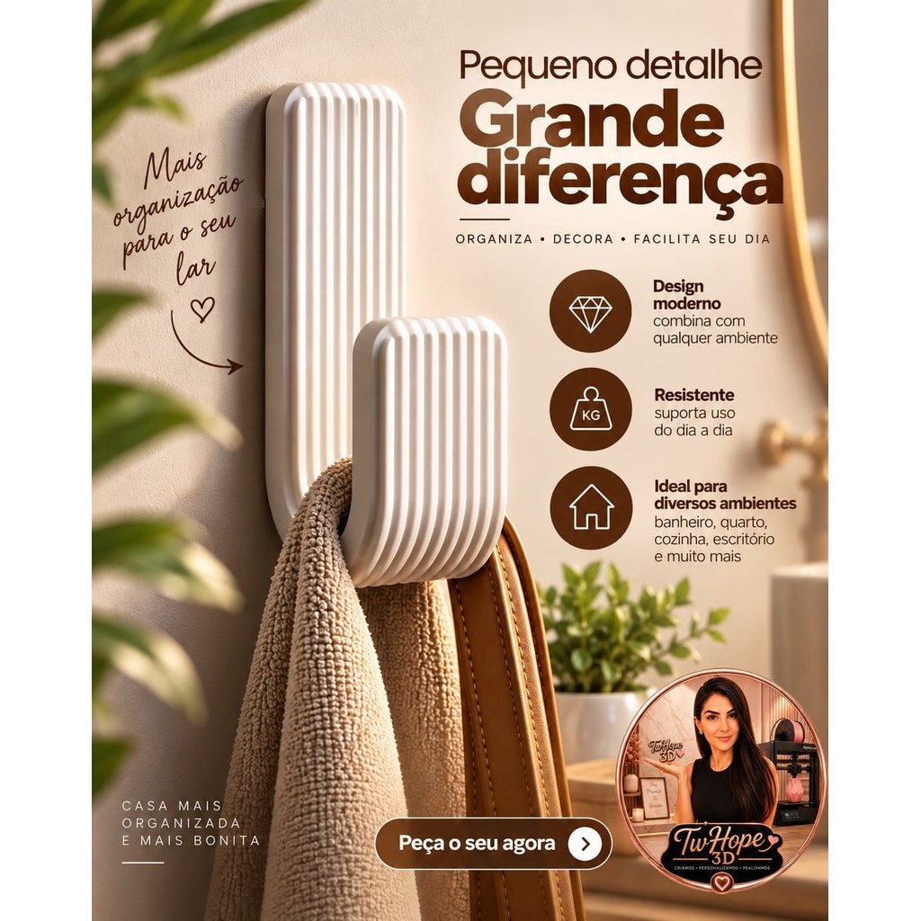 Kit 2 Ganchos de Parede 3D Multiuso Organizador para Toalhas Bolsas Roupas Chaves Decoração