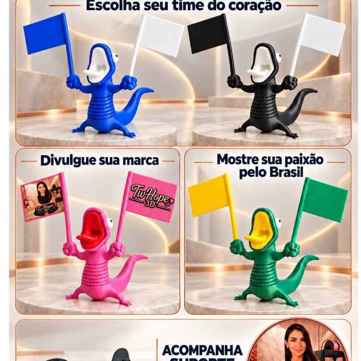 Lagarto Patriota 22 ou 13 com Bandeiras Brasil e Candidato, Suporte Moto, Impressão 3D