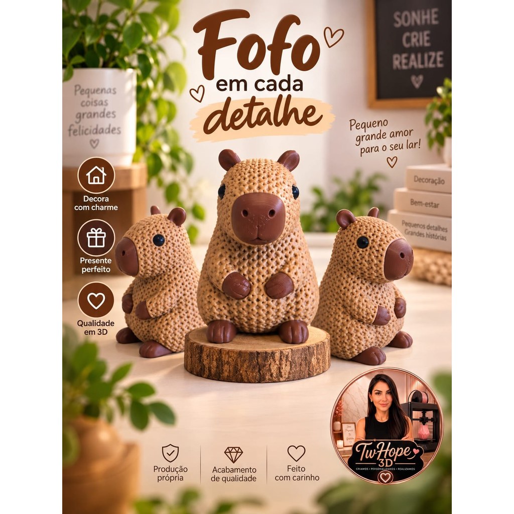 Capivara Decorativa com Textura Crochê Estatueta 3D Artesanal Charmosa para Sala