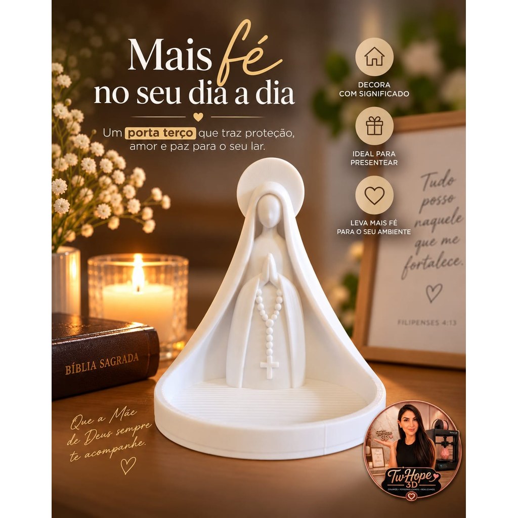 Porta Terço Nossa Senhora Decorativo 3D Religioso Católico para Oração Fé Presente