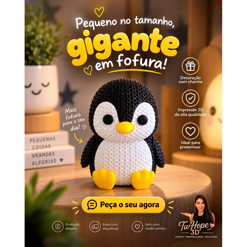 Pinguim Decorativo 3D Estilo Amigurumi Miniatura Fofa para Decoração Quarto Presente
