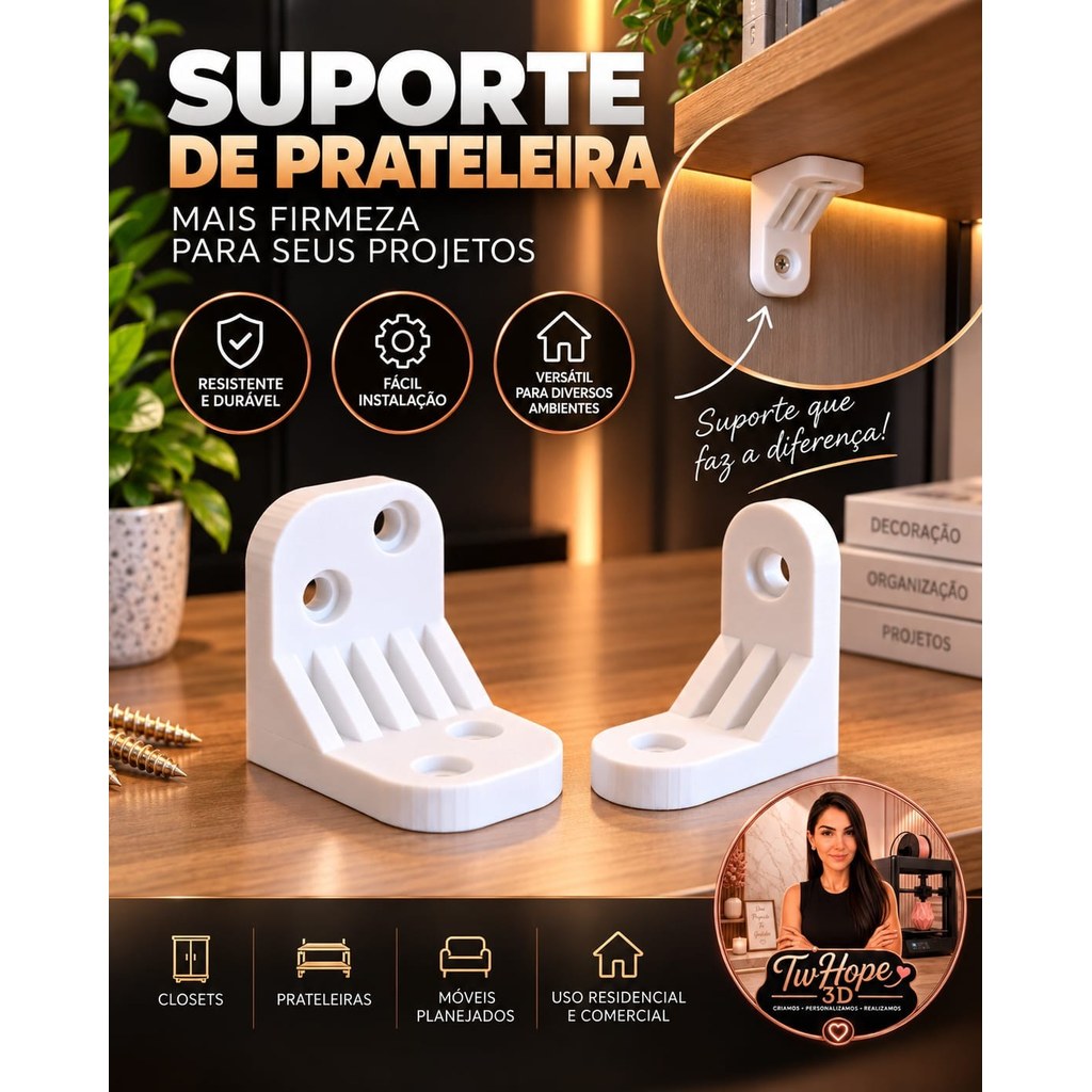 Kit 2 Suportes Tipo Cantoneira Reforçados em Impressão 3D para Fixação de Prateleiras