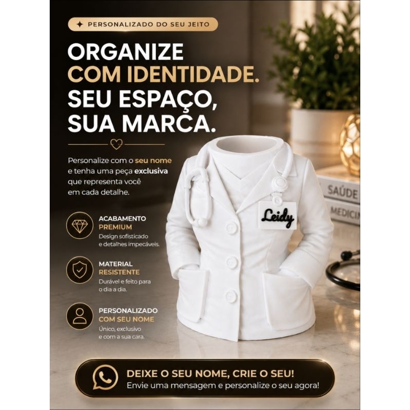 Porta‑canetas em formato de jaleco — personalizado para profissionais da saúde