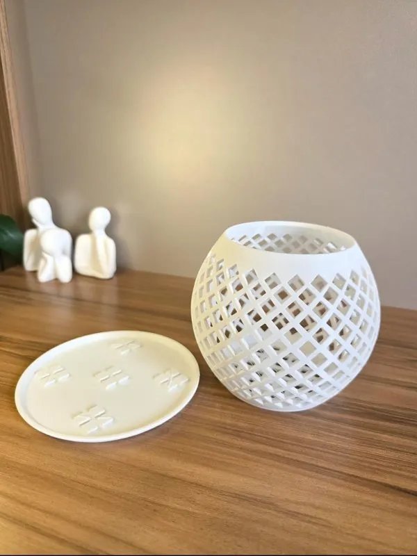 Vaso Decorativo Vazado com Prato em Impressão 3D para Suculentas e Cactos