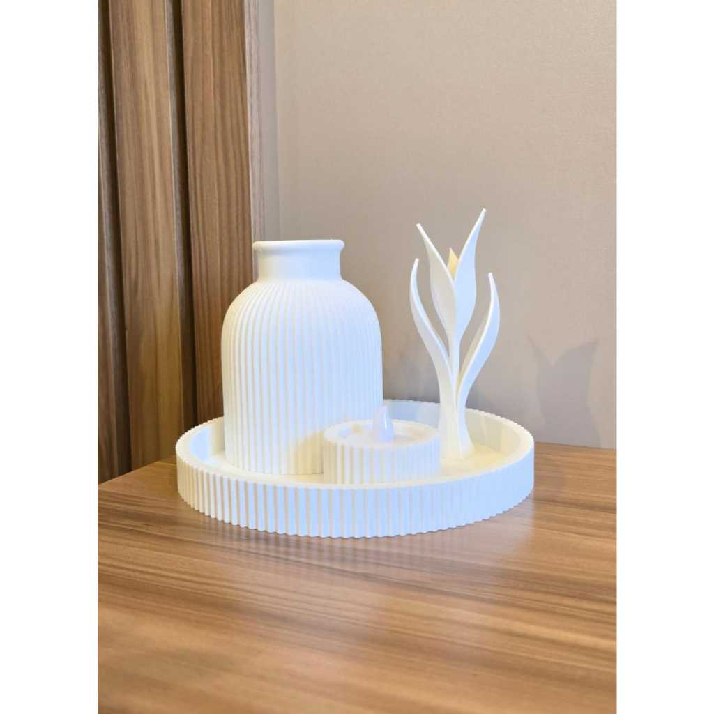 Kit Decorativo 3D Bandeja + Vaso + Porta Vela LED + Flor Moderna Impressão 3D