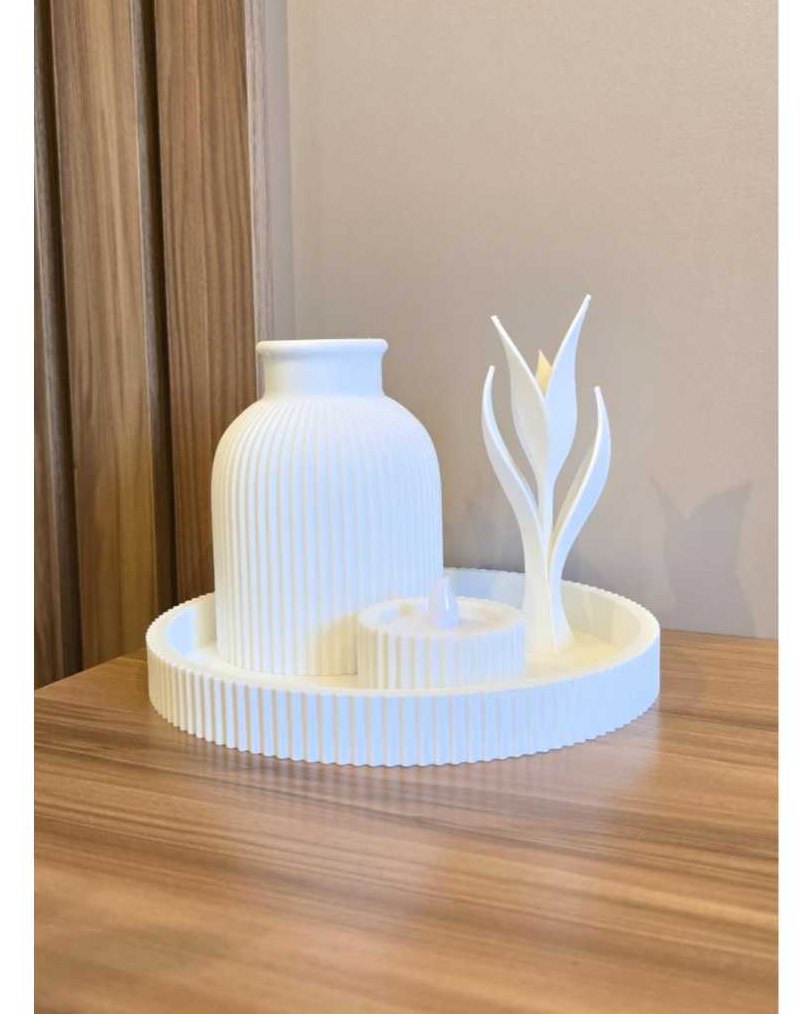 Kit Decorativo 3D Bandeja + Vaso + Porta Vela LED + Flor Moderna Impressão 3D