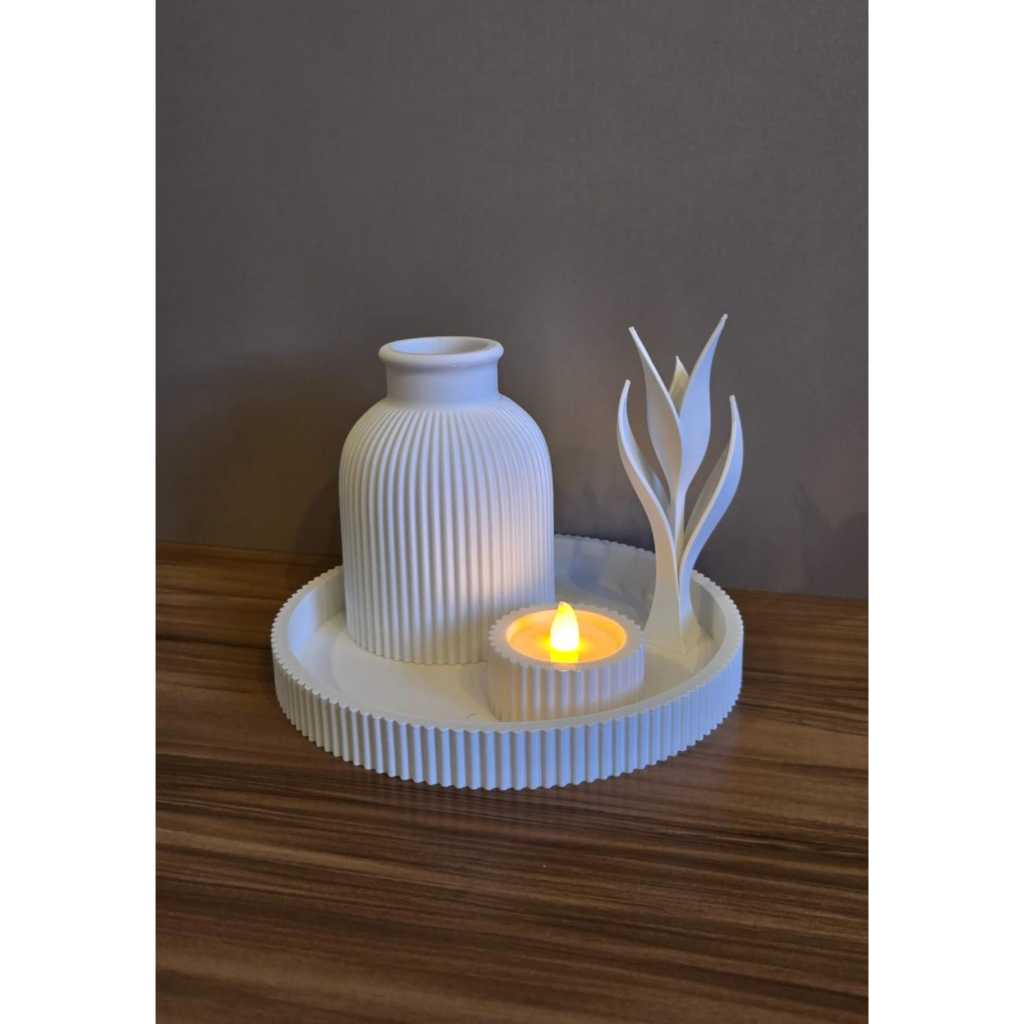Kit Decorativo 3D Bandeja Vaso Porta Vela LED e Flor Moderna para Decoração
