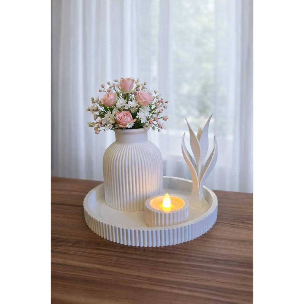 Kit Decorativo 3D Bandeja Vaso Porta Vela LED e Flor Moderna para Decoração