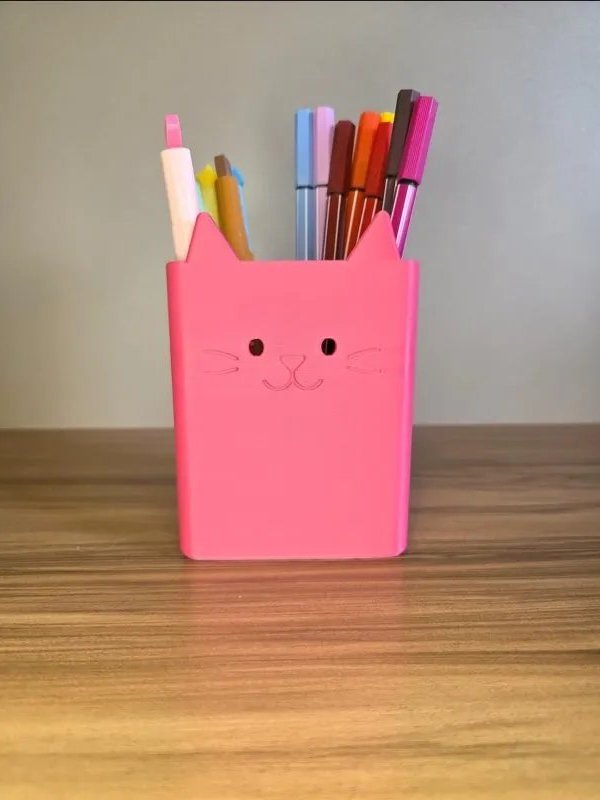 Porta-Lápis Gatinho Rosa Organizador de Mesa Divertido Decorativo