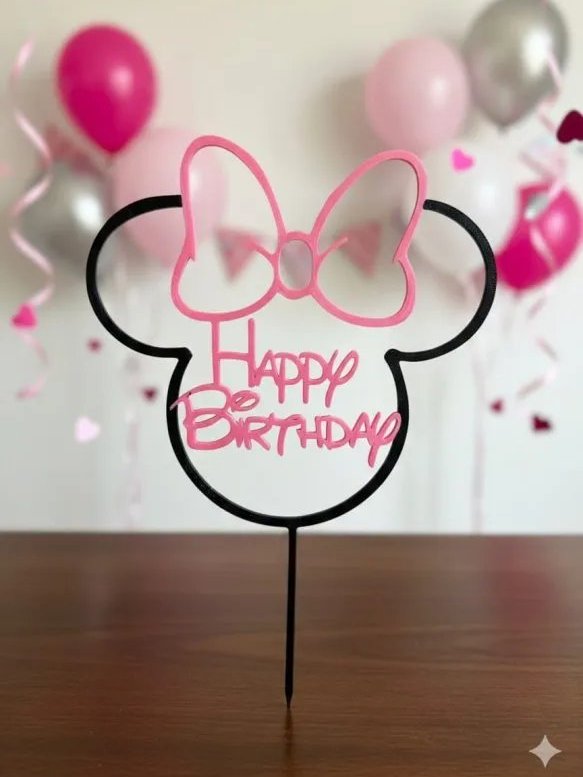 Topo de Bolo Minnie Happy Birthday com Laço – Impressão 3D