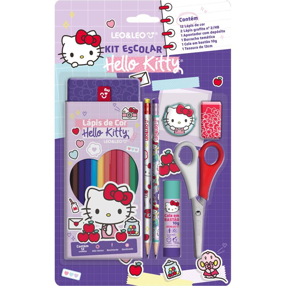 Kit Escolar Hello Kitty Completo Leo&Leo — Lápis de Cor 12 Cores + Tesoura + Cola + Borracha + Apontador | Volta às Aula
