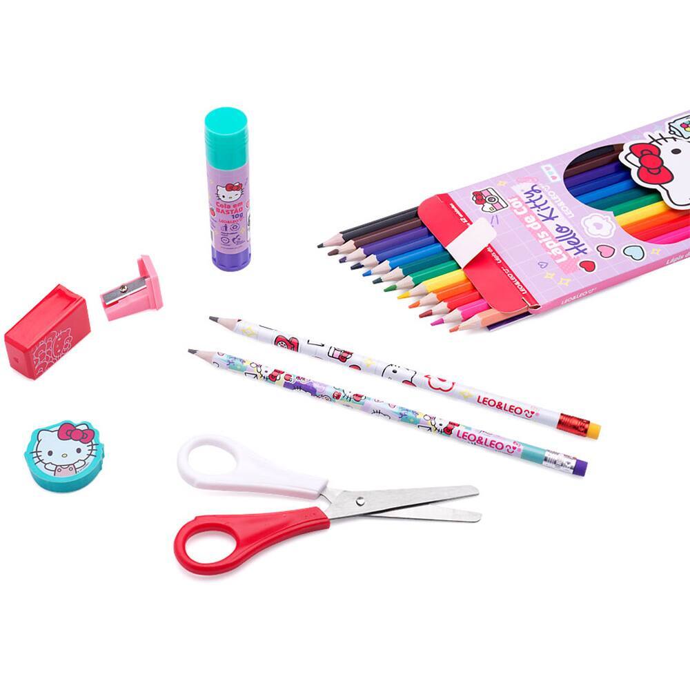 Kit Escolar Hello Kitty Completo Leo&Leo — Lápis de Cor 12 Cores + Tesoura + Cola + Borracha + Apontador | Volta às Aula