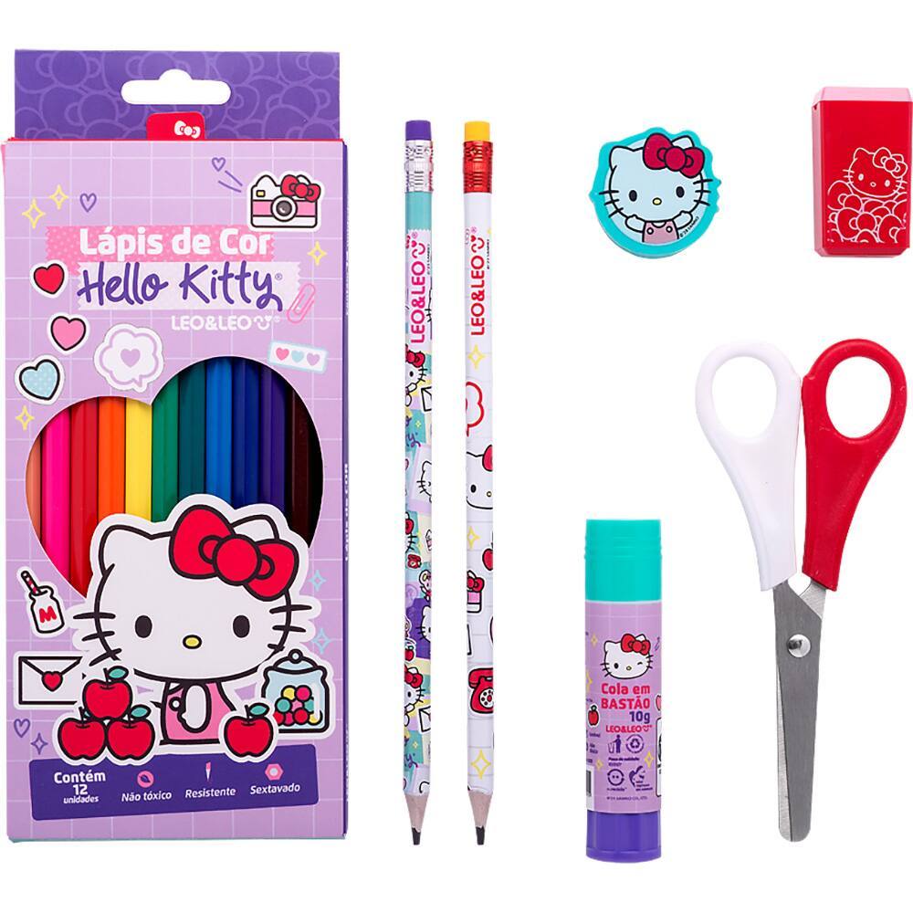 Kit Escolar Hello Kitty Completo Leo&Leo — Lápis de Cor 12 Cores + Tesoura + Cola + Borracha + Apontador | Volta às Aula